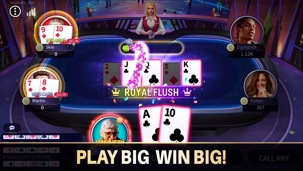 A dynamic poker table from the Texas Poker Party app shows a winning Royal Flush (Ace, King, Queen, Jack, and Ten of Clubs), with glowing effects and the text 'Play Big Win Big!' emphasizing the high-stakes excitement of the game.